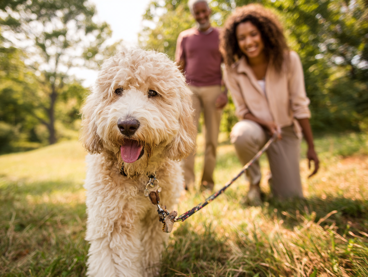 Happy goldendoodle in a park with owners in the background