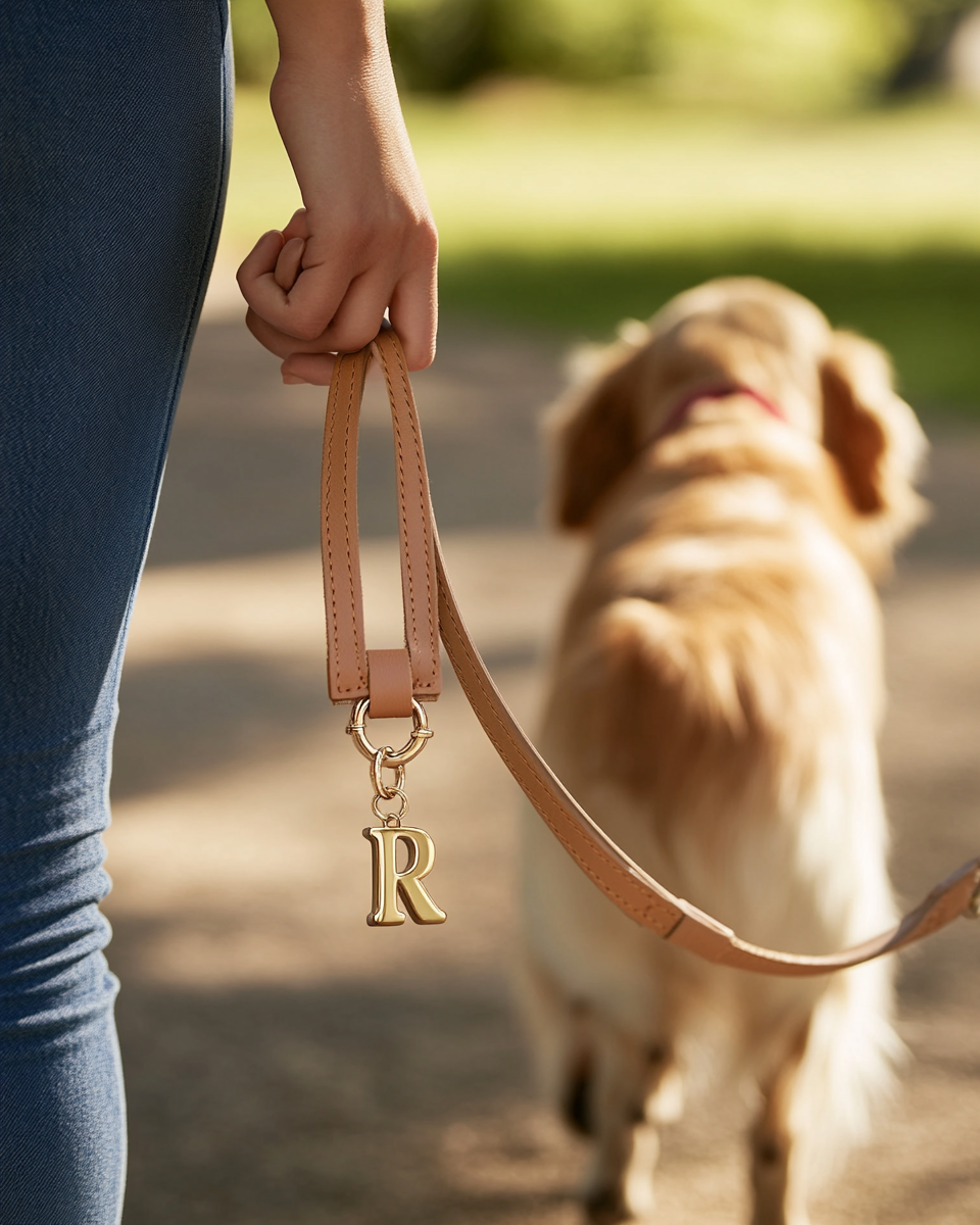 Woman walking her golden retriever with a gold letter R charm on the leash handle