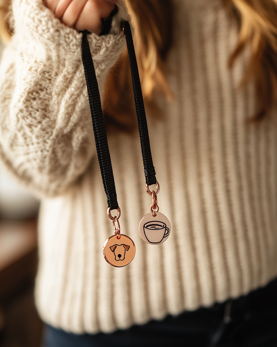 DogMom and coffee acrylic charms on leash handle