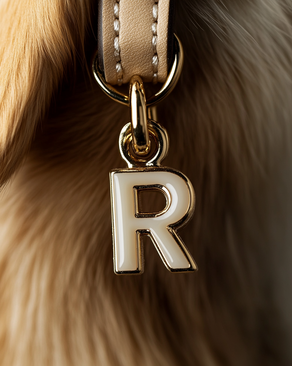 Gold letter R enamel charm on leather leash